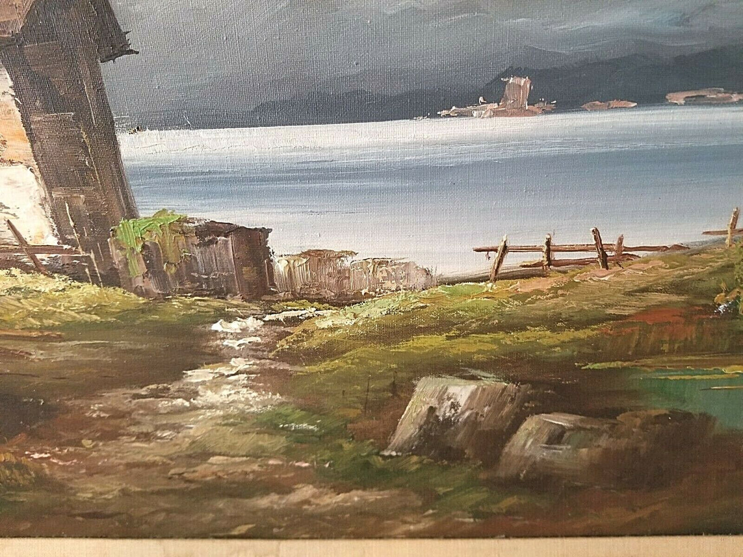 Wonderful Mid Century Artist Signed Italian Lakeside Landscape Oil Painting