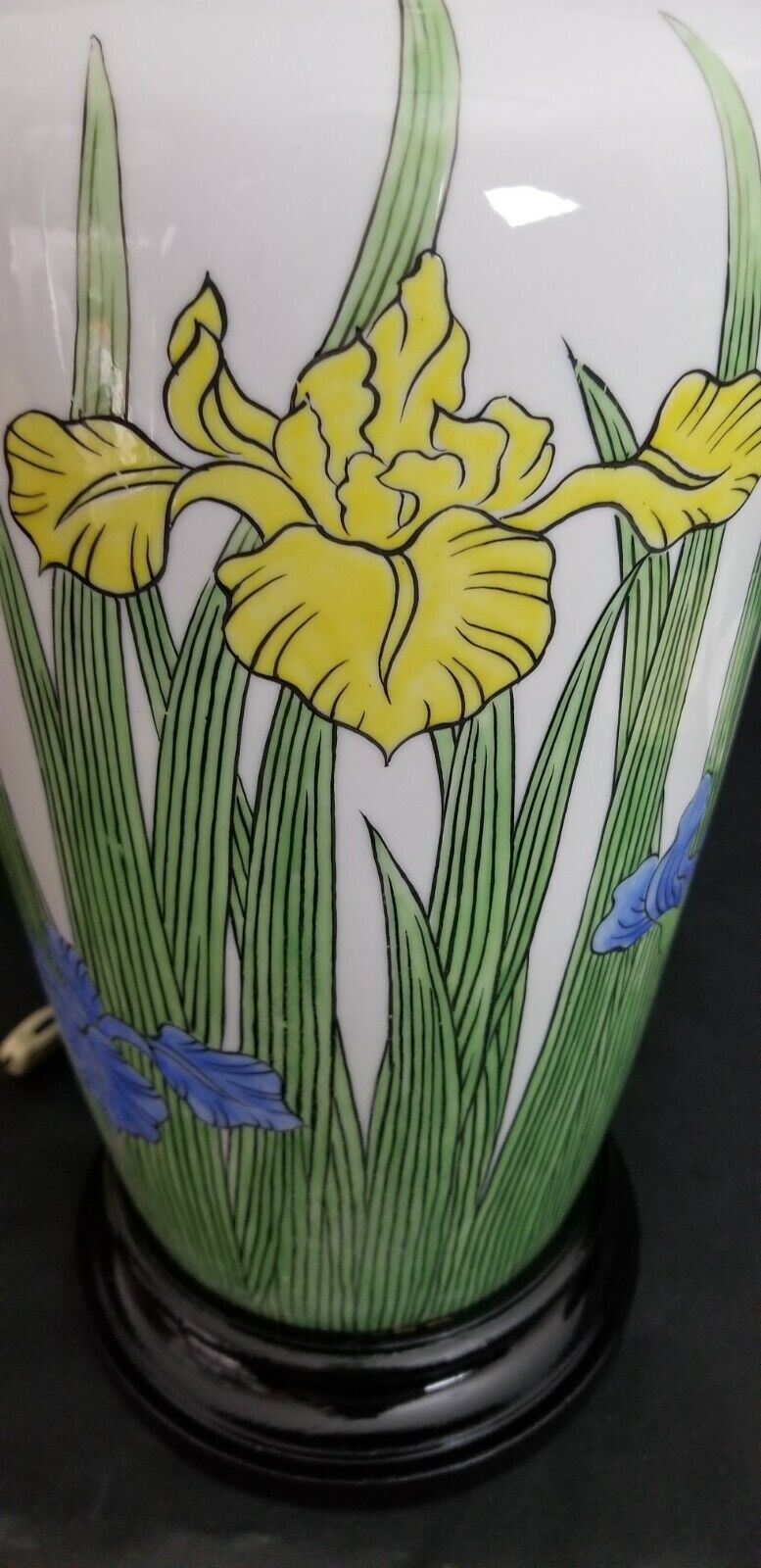 Vintage Large 43" MARBRO White Ceramic Lamp with Yellow and Blue Iris' Wood Base