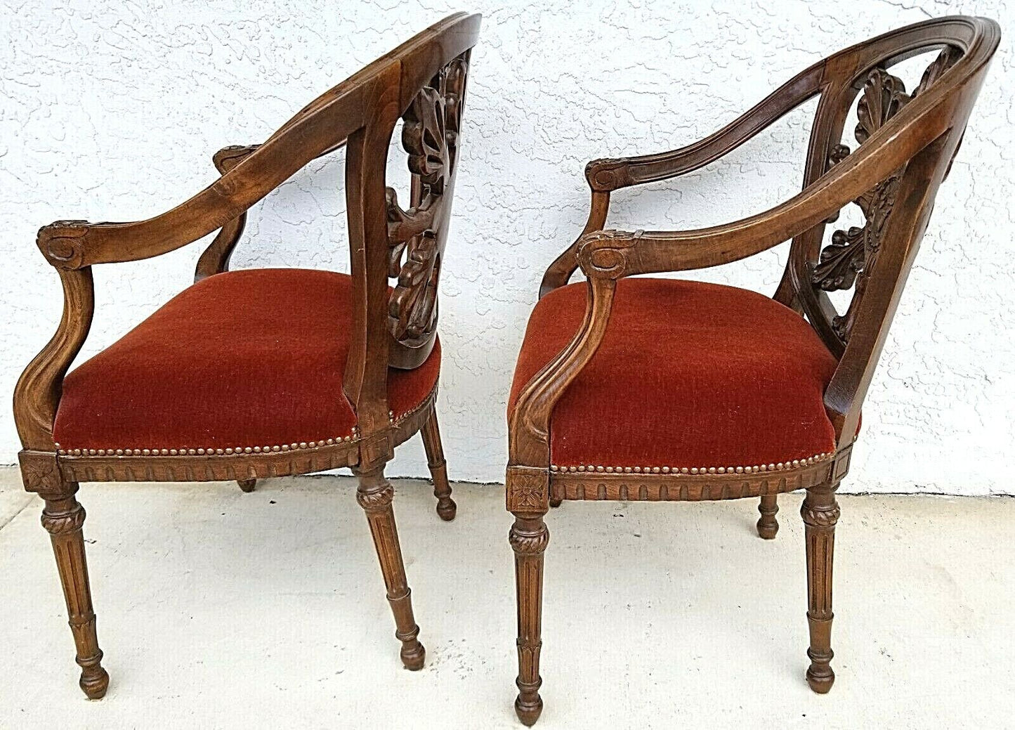 Pair of Antique Hand Carved Walnut French Provincial Accent Statement Armchairs
