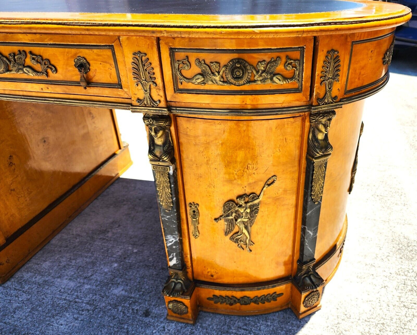 French Louis XV Style Ormolu Olive Birdseye Maple Desk