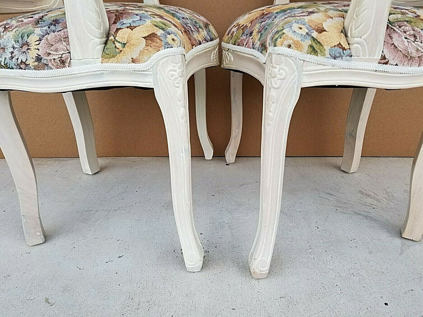 (2) Vintage Shabby Chic French Provincial Pearled Fauteuil Floral Tapestry Armchairs