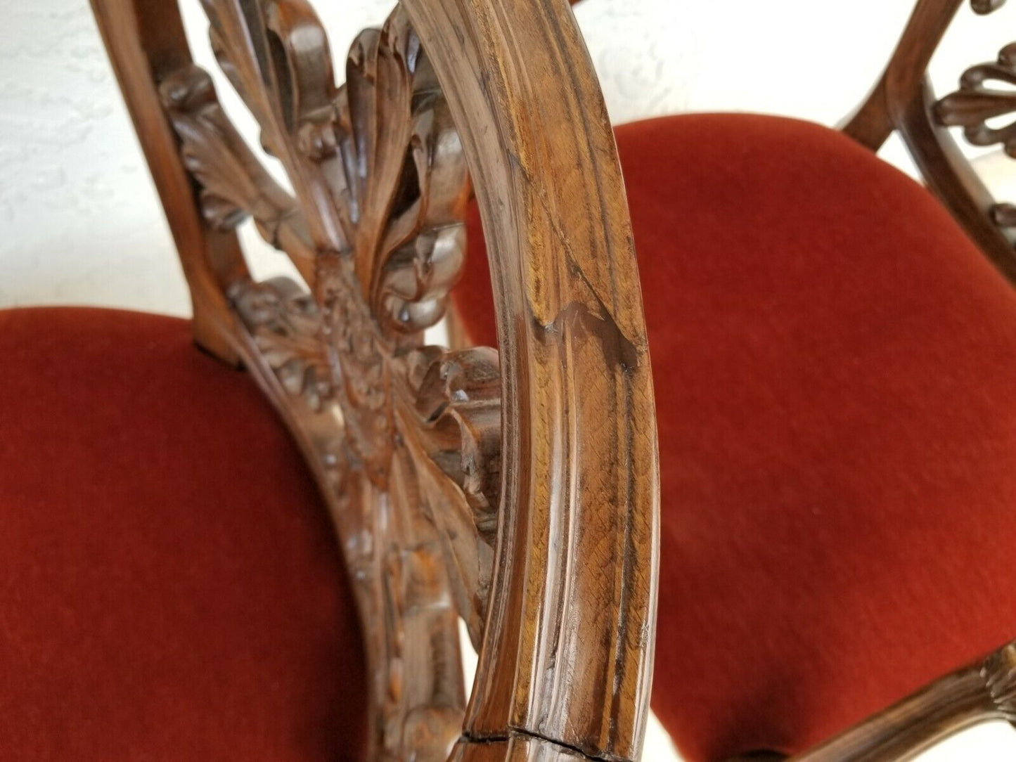 Pair of Antique Hand Carved Walnut French Provincial Accent Statement Armchairs