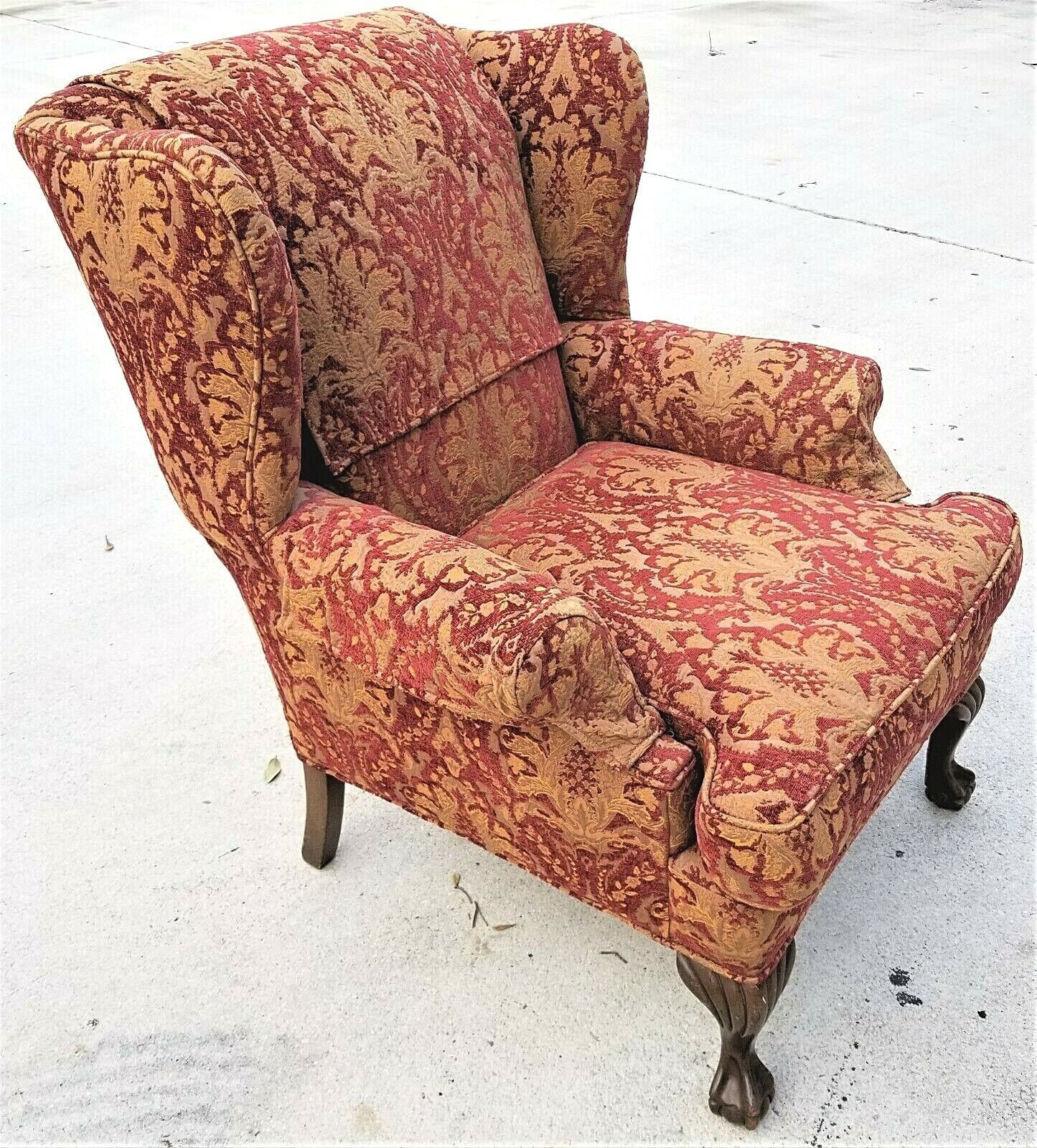 Vintage Chippendale Wingback White Brocade Satin Cotton and Down Armchair