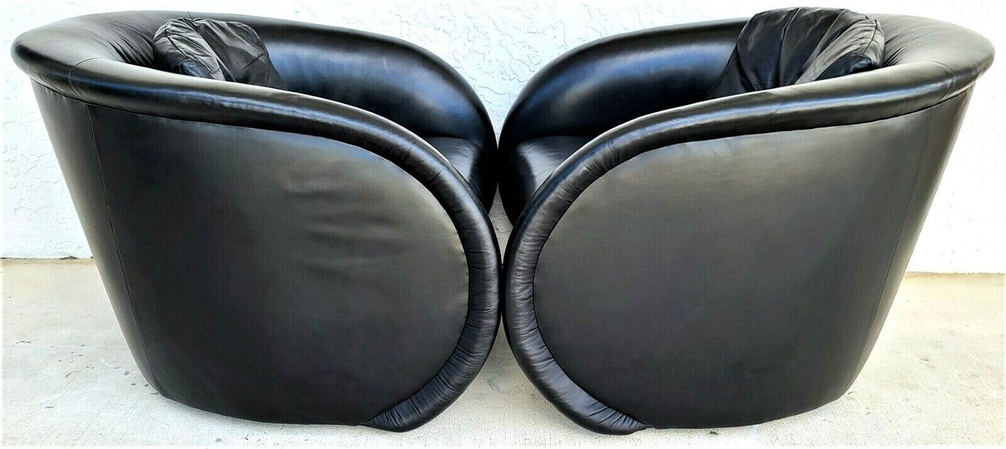 Mid Century Modern Black Leather Swivel Barrel Lounge Chairs by PREVIEW - A Pair