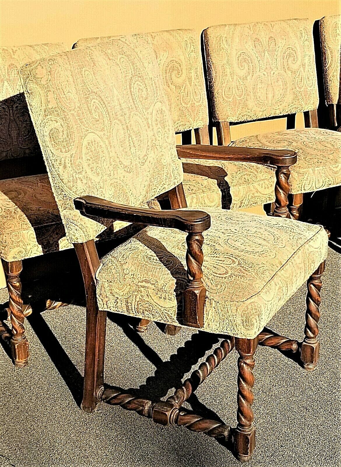 Set of 6 Antique English Oak Carved Barley Twist Jacobean Style Dining Chairs