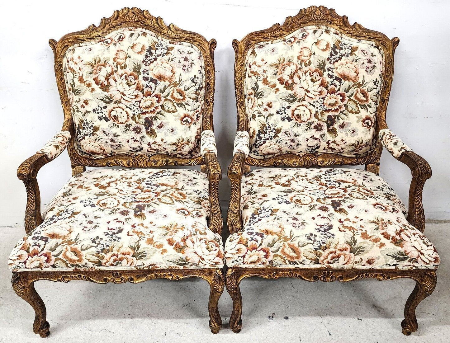 French Louis XV Rococo Giltwood Fauteuil Oversized Armchairs - a Pair