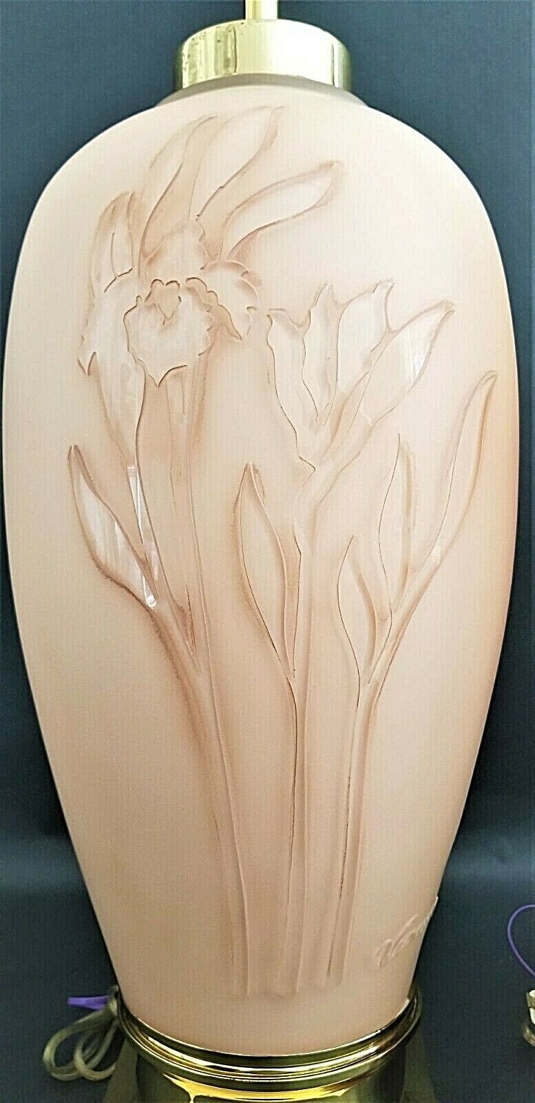 Signed VIANNE GLASS France Art Deco Floral Relief Table Lamps - A Pair