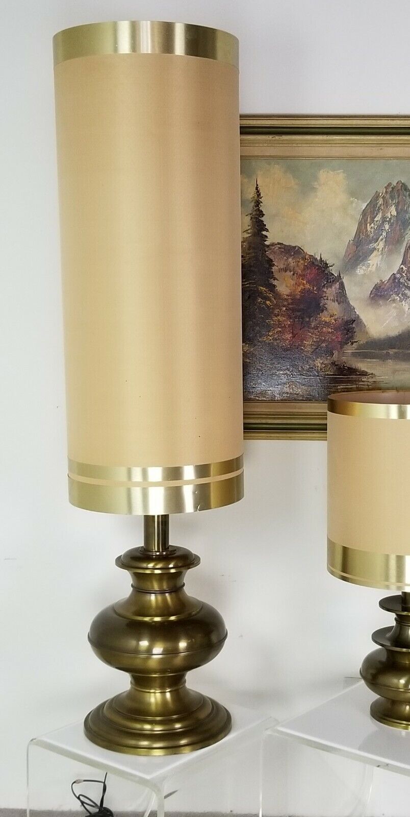 Huge 61" Vintage MCM Floor Lamp w Brass Wrapped Shade Mid Century Modern