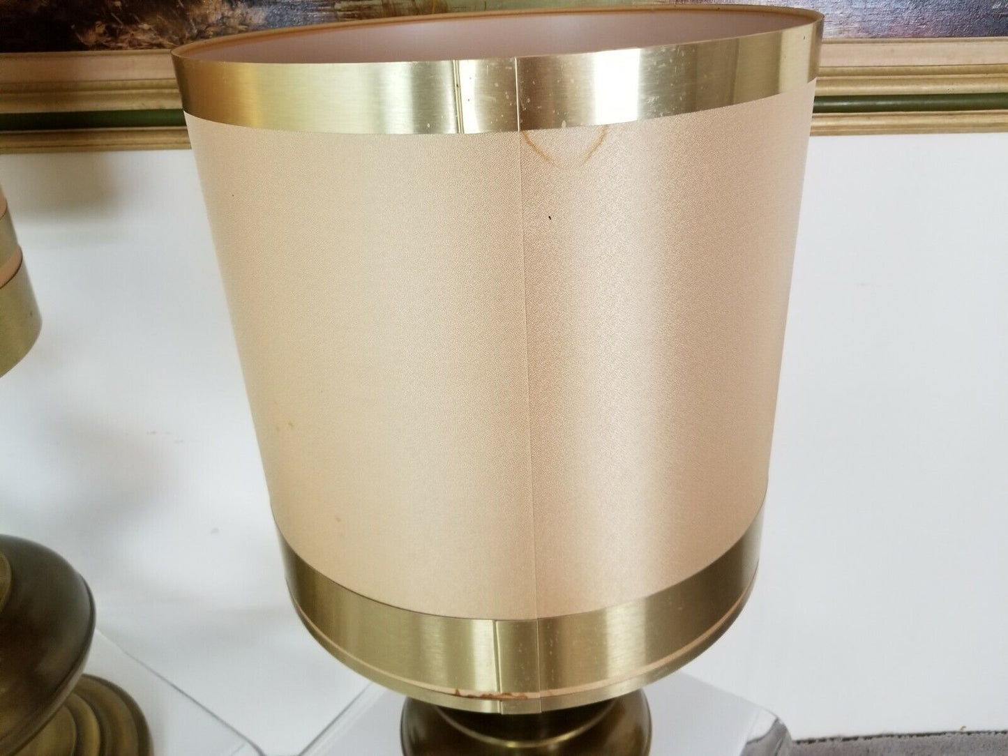 Magnificent 30" Vintage MCM Lamp w Brass Wrapped Shade Mid Century Modern