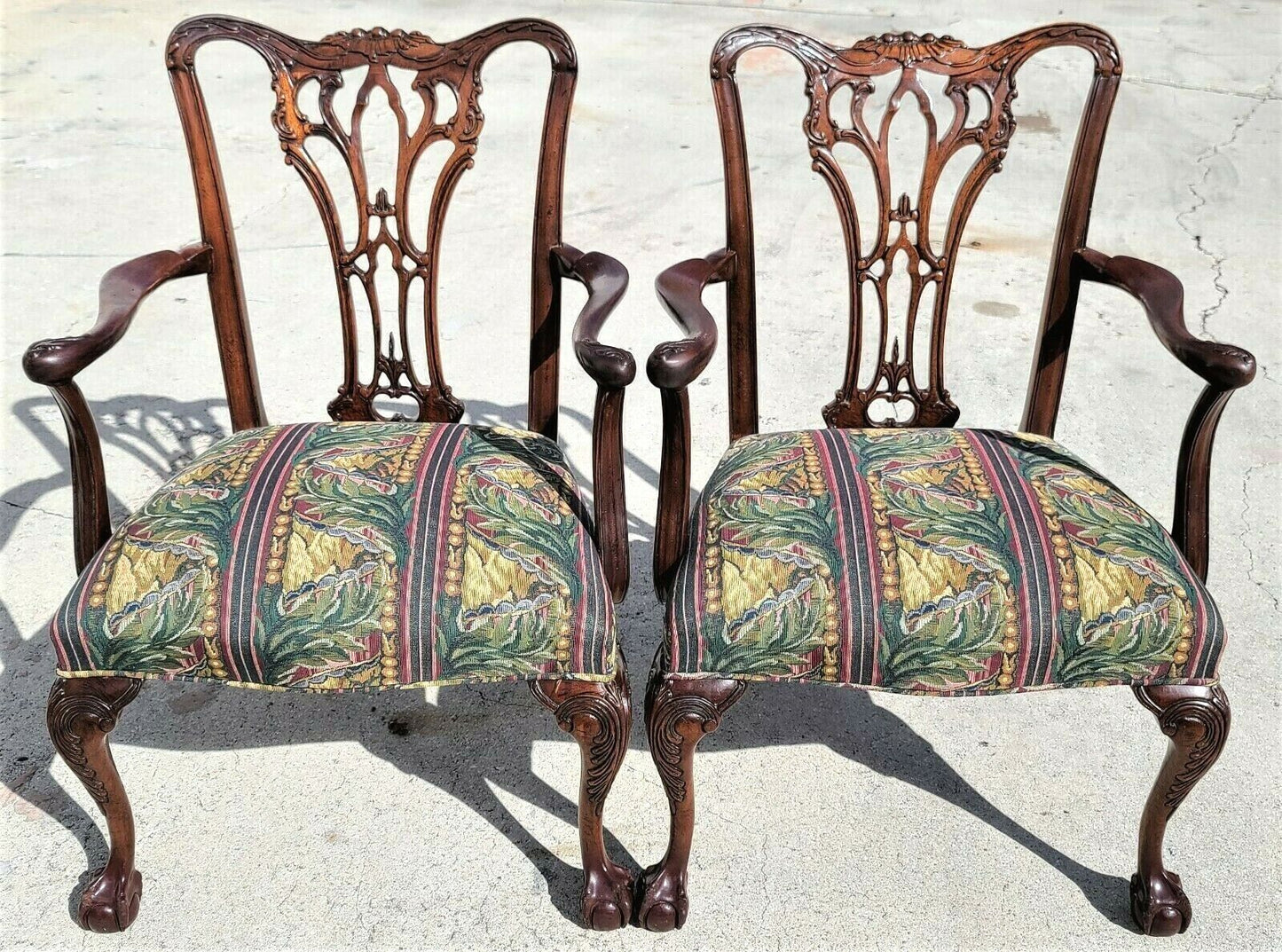 Antique c 1900 Edwardian Chippendale Mahogany Ball & Claw Armchairs - a Pair