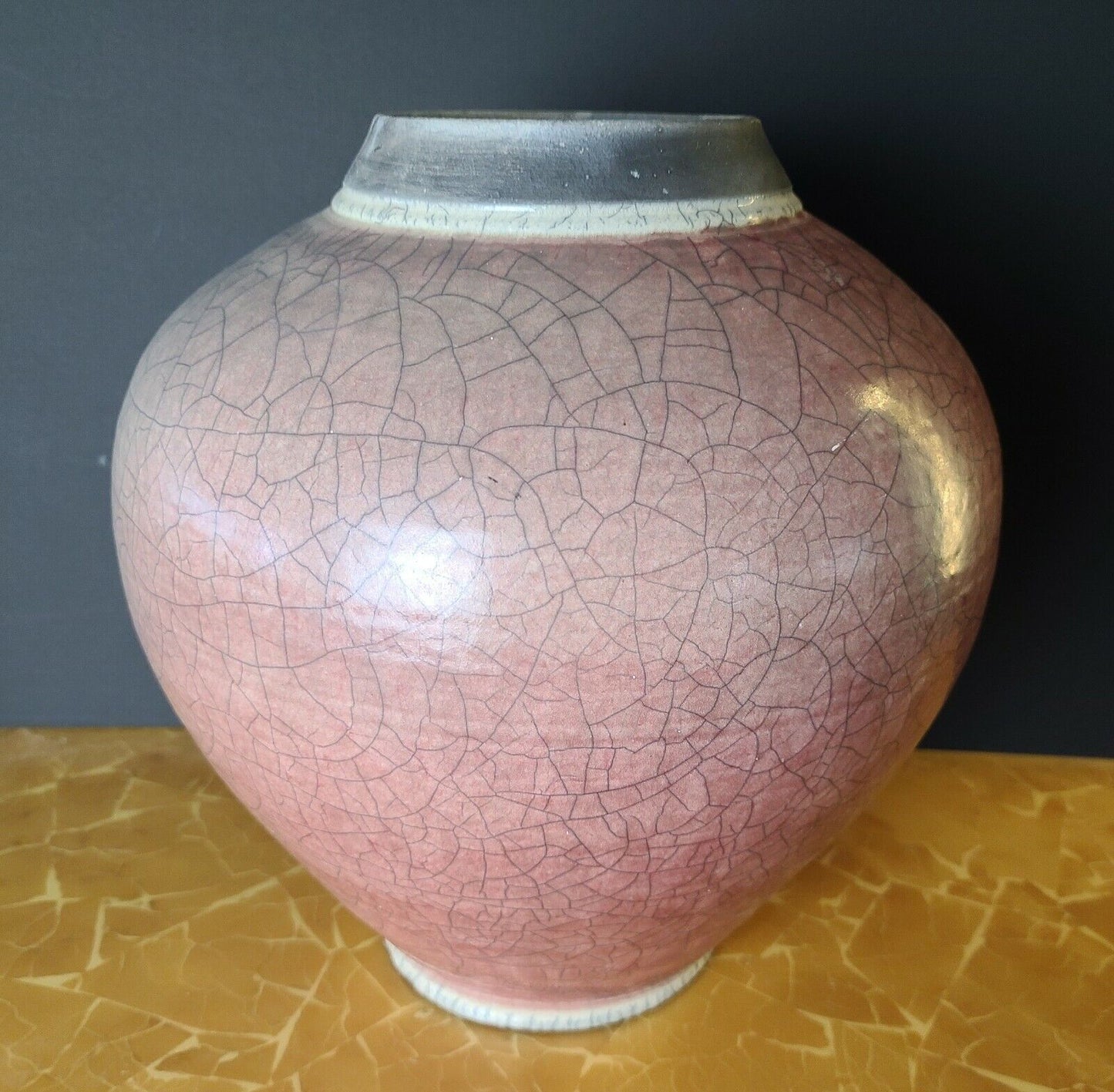 Large Signed Native American Style 2 Tone Crackle Glaze Raku Pottery Vase