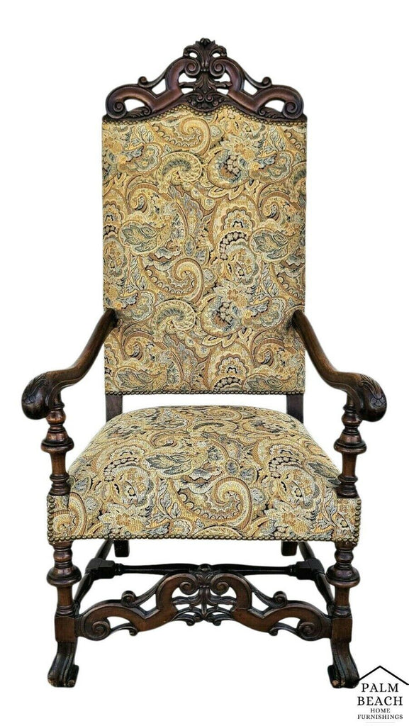 Antique Italian Renaissance Revival Style Carved Walnut Throne Chair Circa 1900