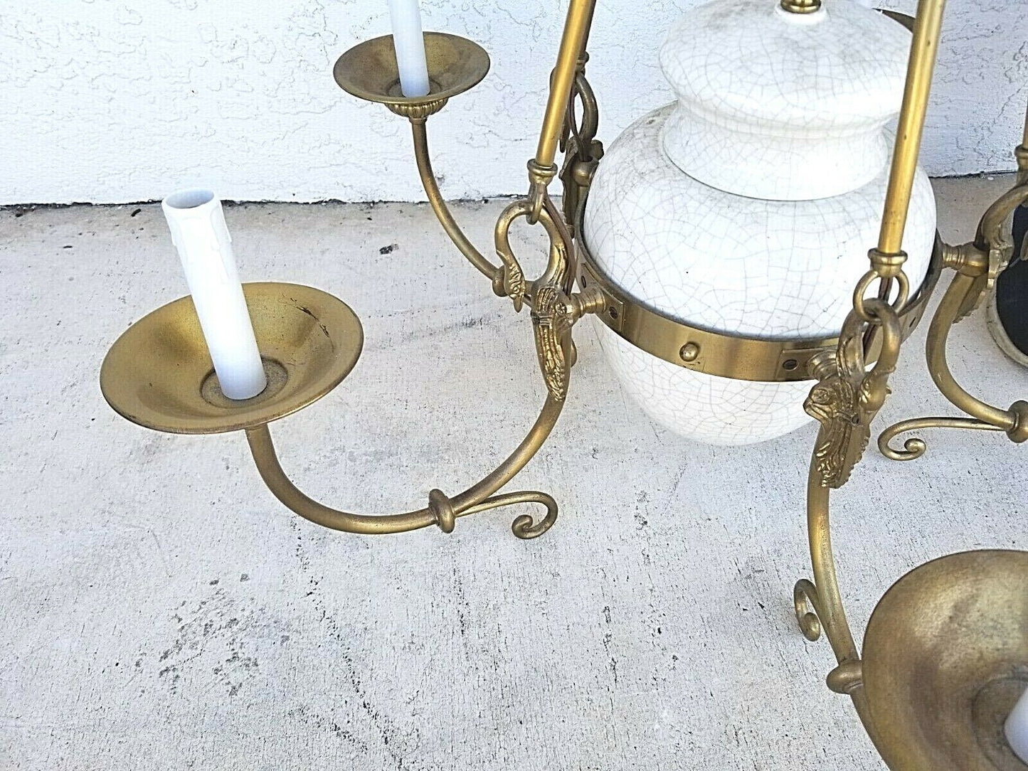 Vtg French Empire Brass Swans 5 Light Ceramic Urn Style Chandelier