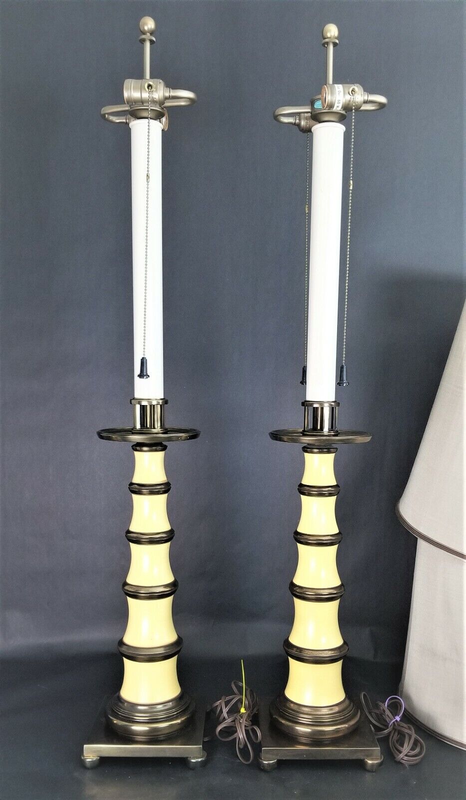 2 Vintage STIFFEL Enamel and Brass Candlestick Lamps with Dupioni Silk Shades