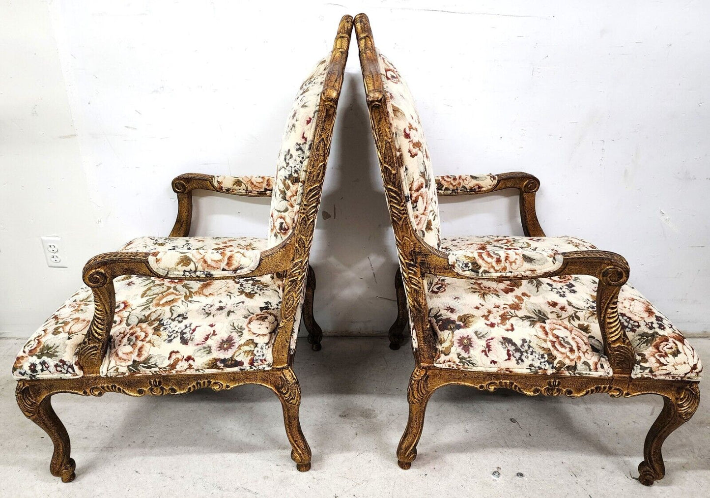 French Louis XV Rococo Giltwood Fauteuil Oversized Armchairs - a Pair
