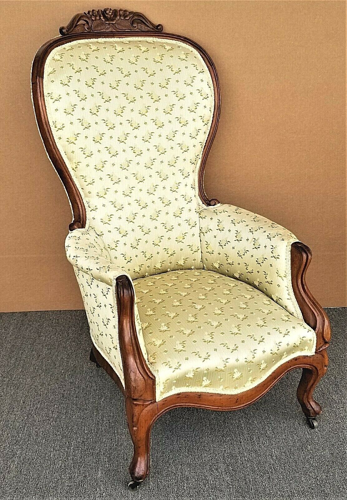Antique 1800's Victorian Balloon Back Parlor Carved Walnut Armchair