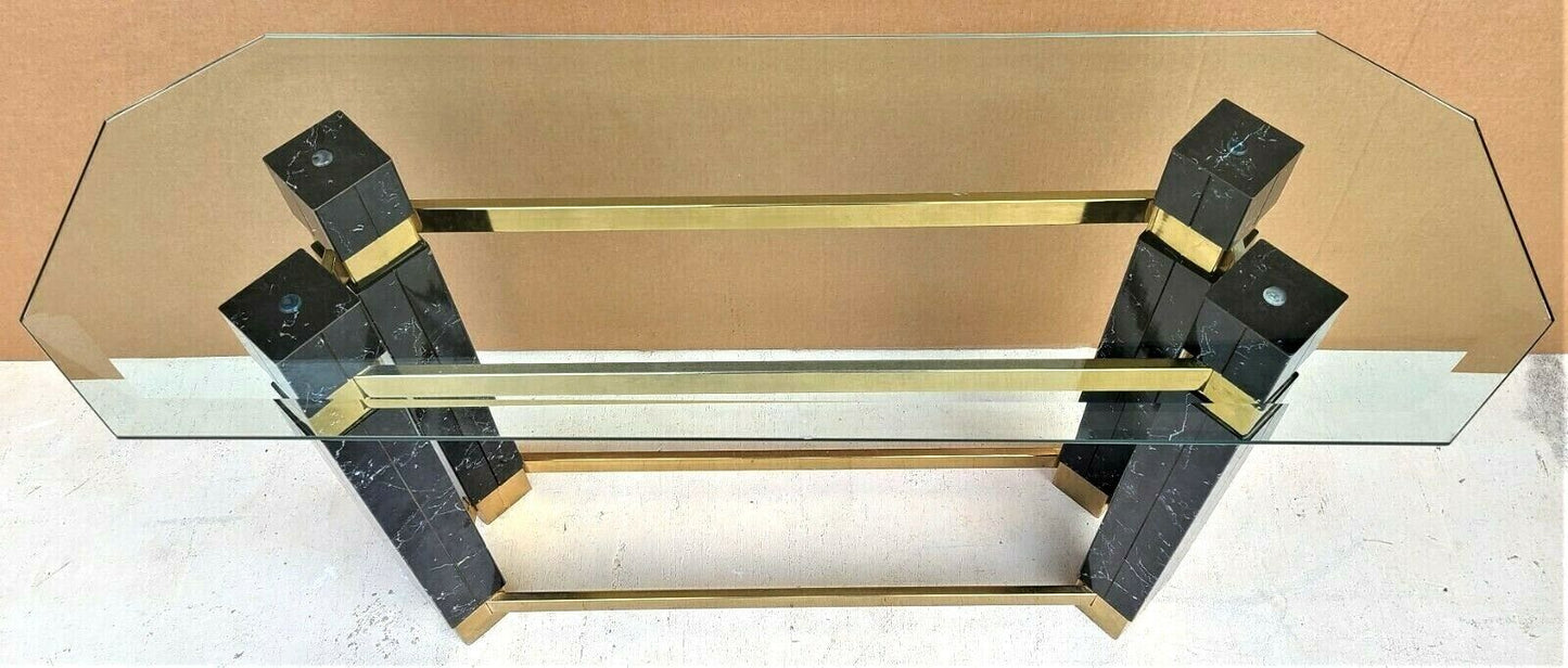 1980's Hollywood Regency Brass Faux Marble & Beveled Glass Console Table