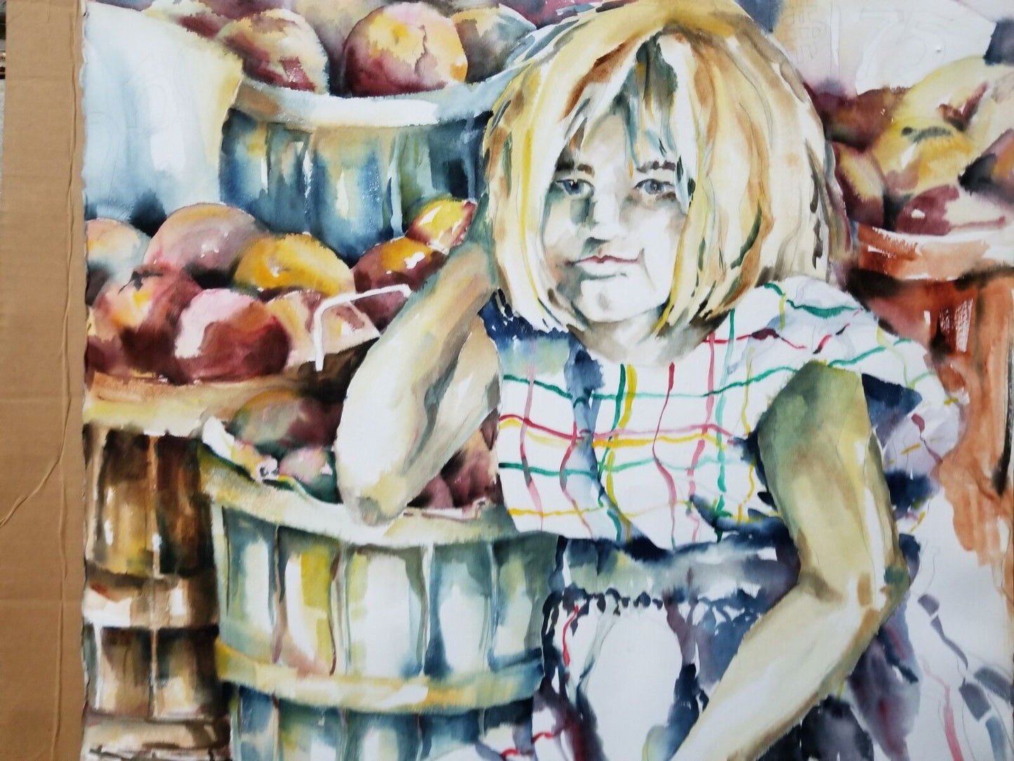 Large Original Watercolor Painting of Girl Selling Fruit Vegetables 30" x 22"