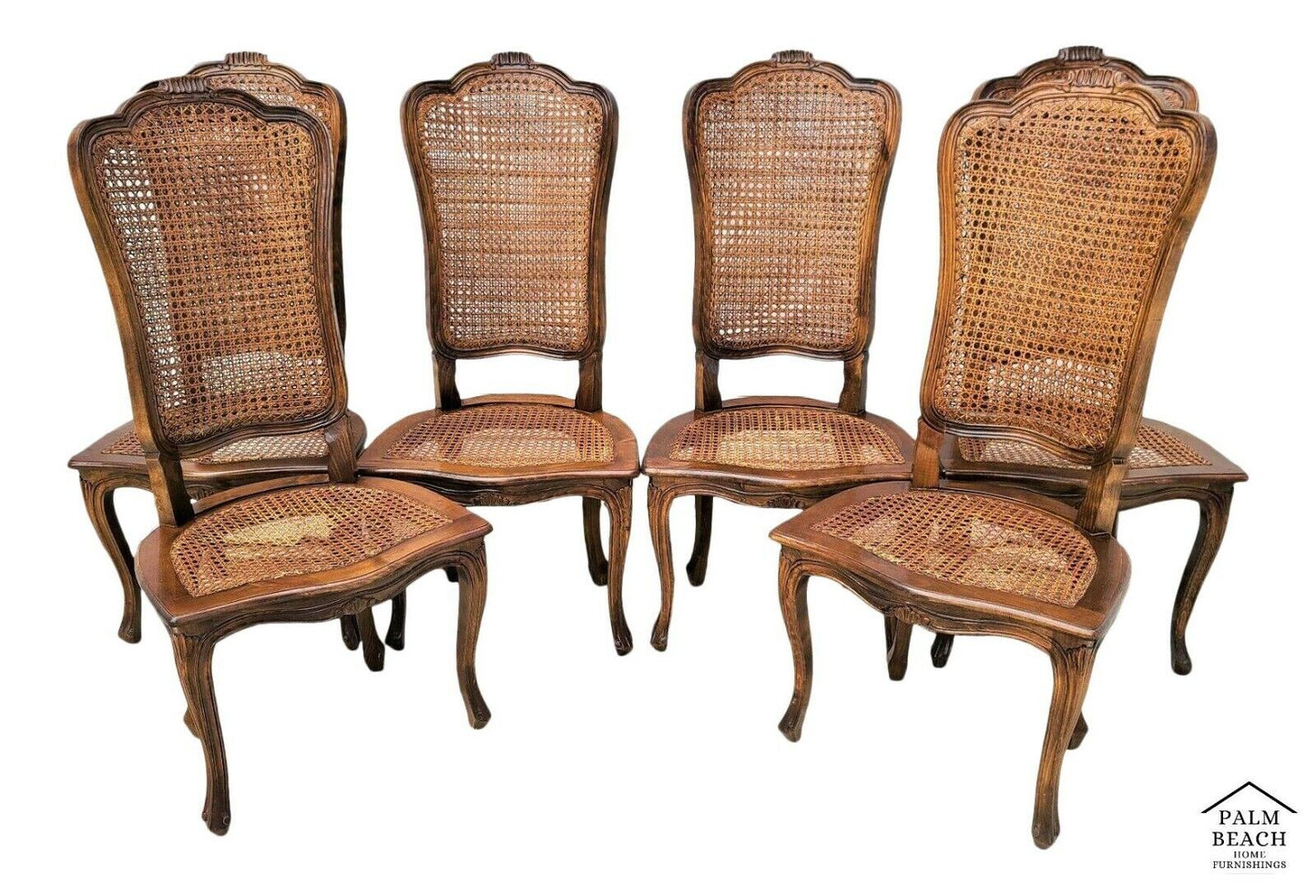 Antique Early 1900's French Provincial Cane Walnut Dining Chairs - Set of 6