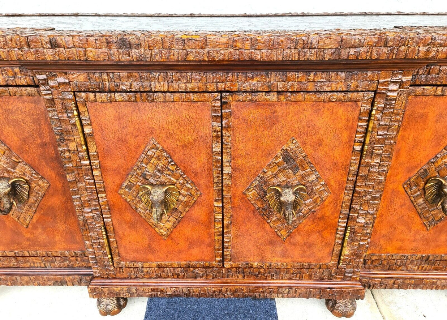 Huge Coconut Shell Brass Elephants & Brass Top Bar Cabinet by LLOYD BUXTON