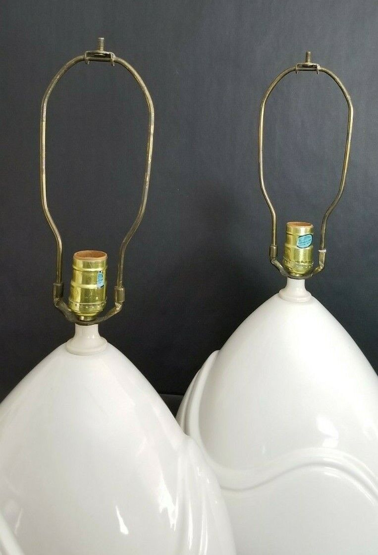 Vintage Pair of Art Deco Teardrop White Ceramic Table Lamps