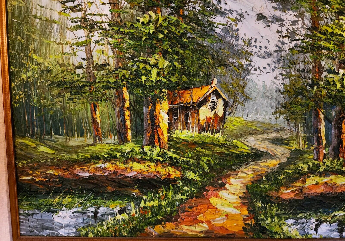 Landscape Oil Painting Signed DORFMAN Vintage Cabin in Woods