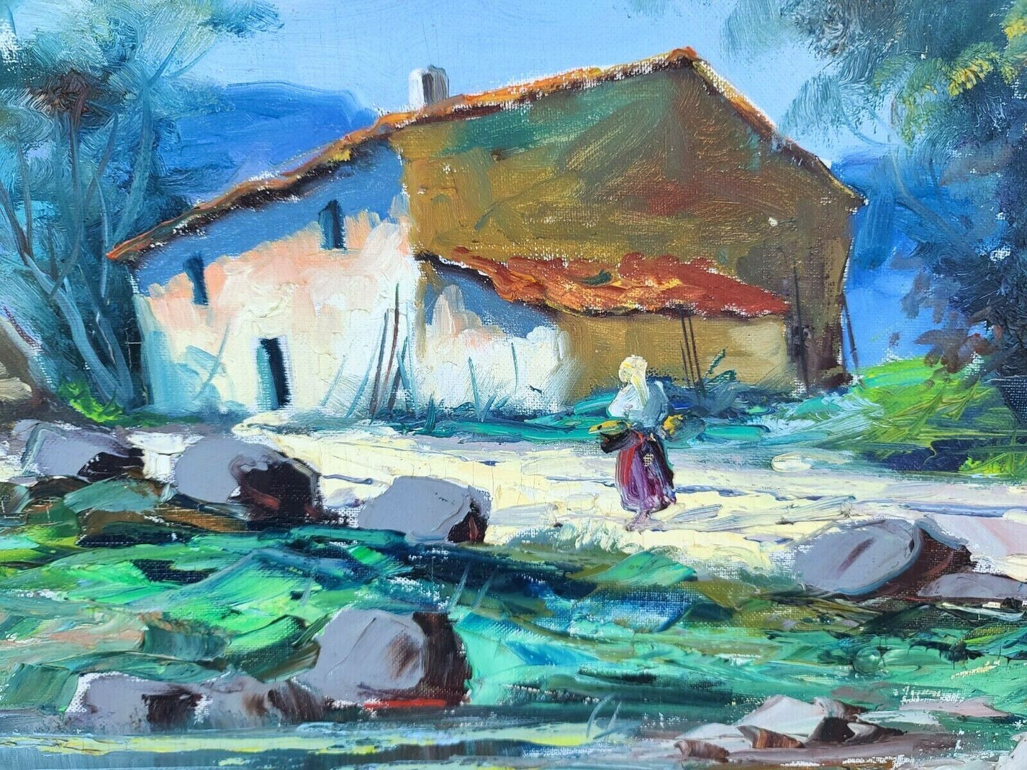 Vintage Signed Cityscape Village Landscape Oil Painting Framed