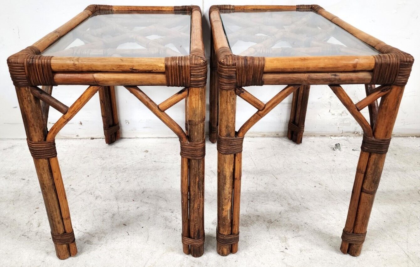 Vintage French Bamboo Rattan Glass Side Tables 1960s - A Pair