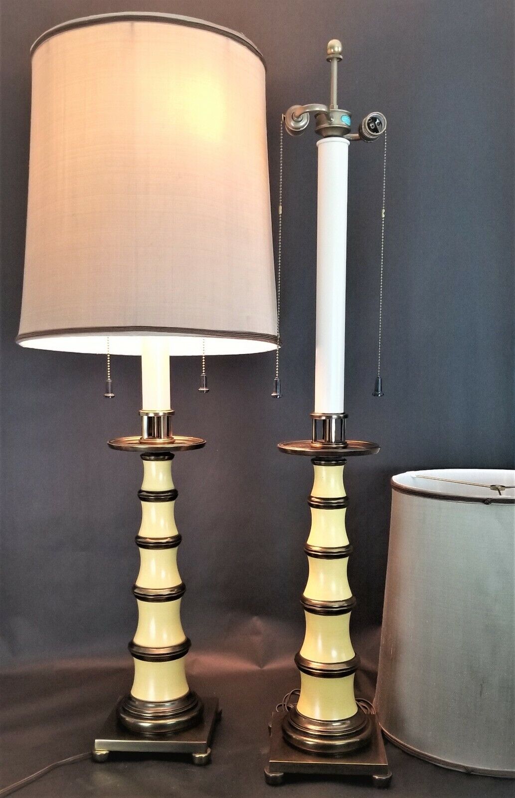 2 Vintage STIFFEL Enamel and Brass Candlestick Lamps with Dupioni Silk Shades