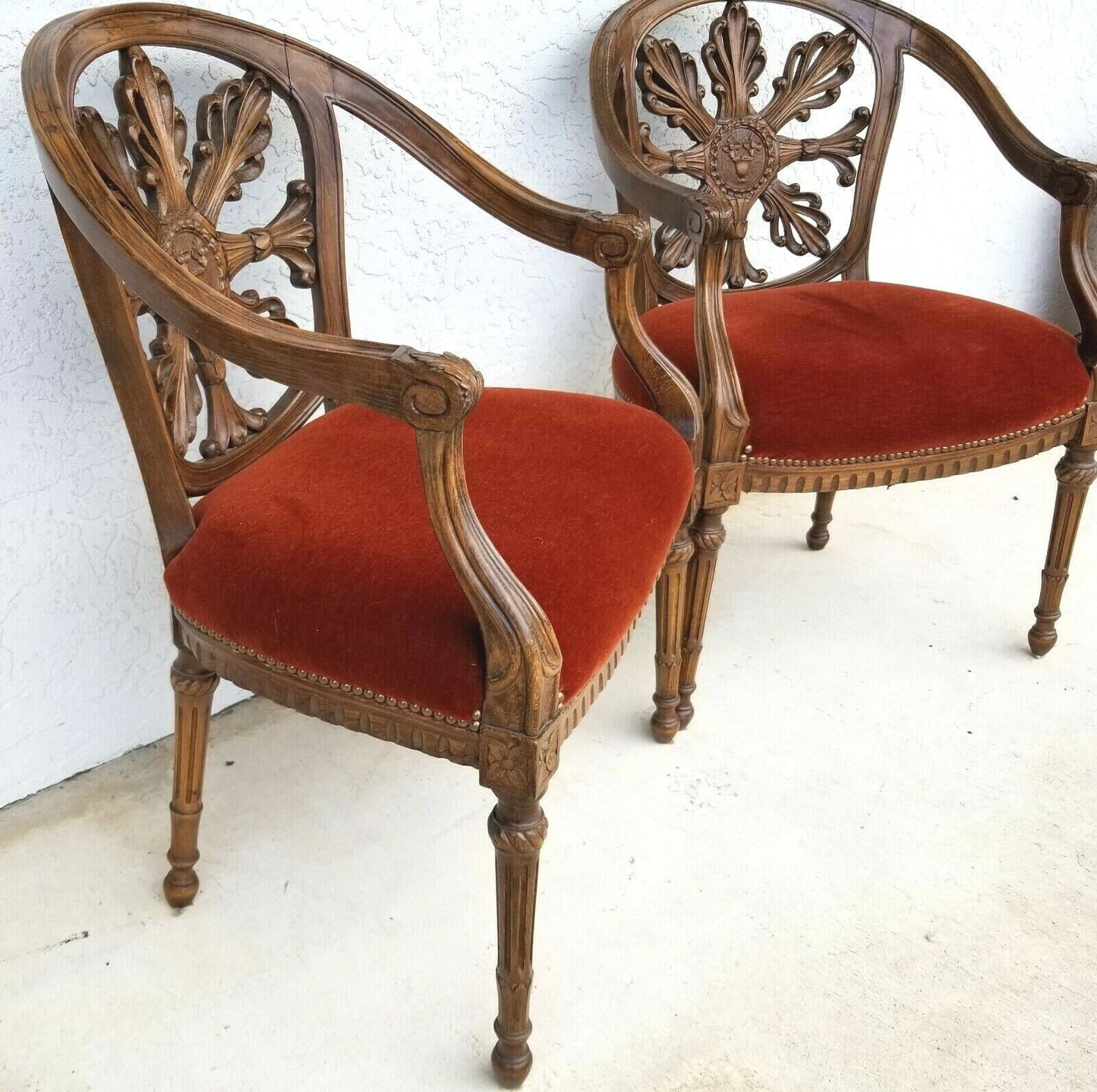 Pair of Antique Hand Carved Walnut French Provincial Accent Statement Armchairs