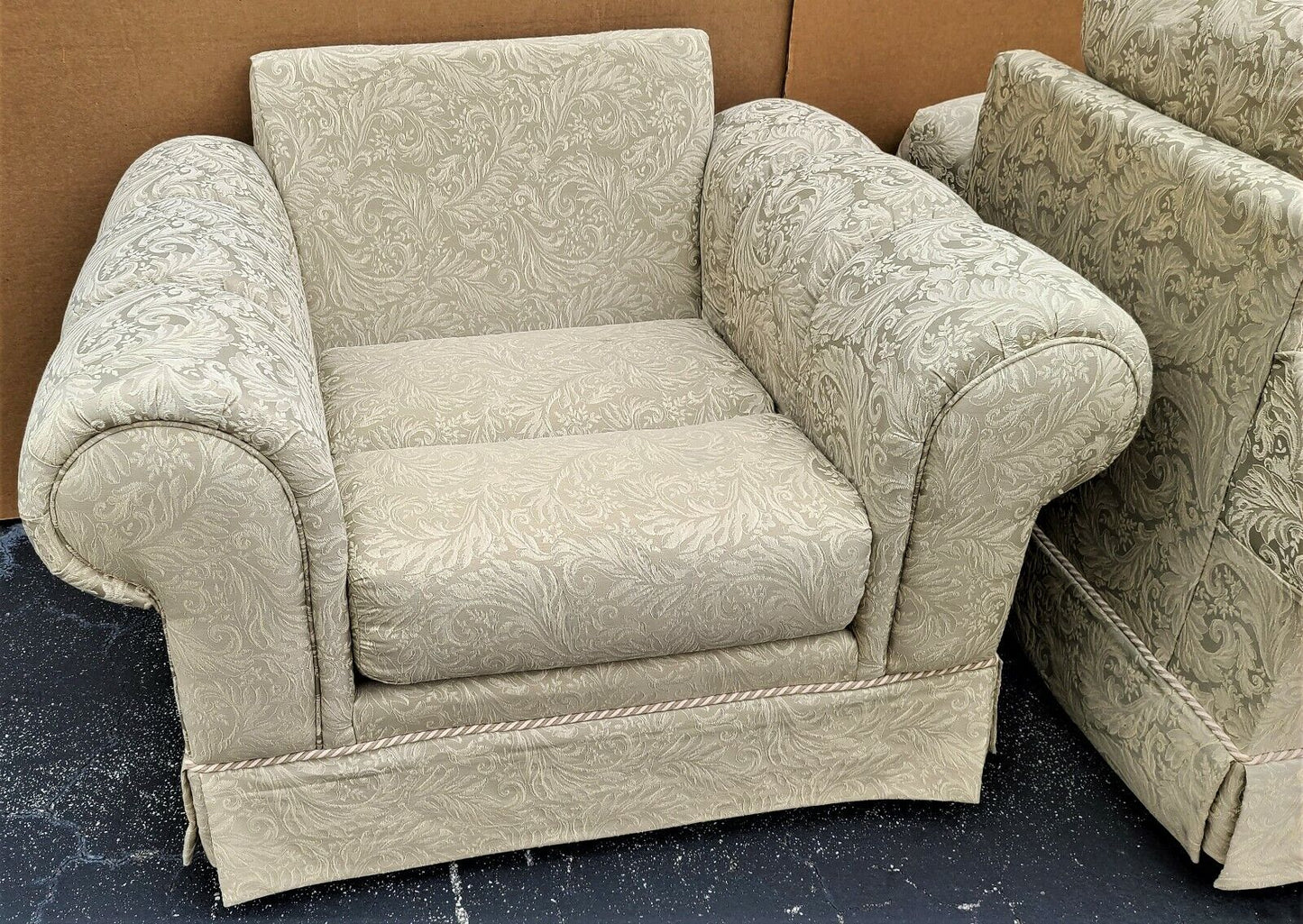 Pair of BARCLAY Tufted Roll Arm Oversized Damask Upholstered Lounge Club Chairs