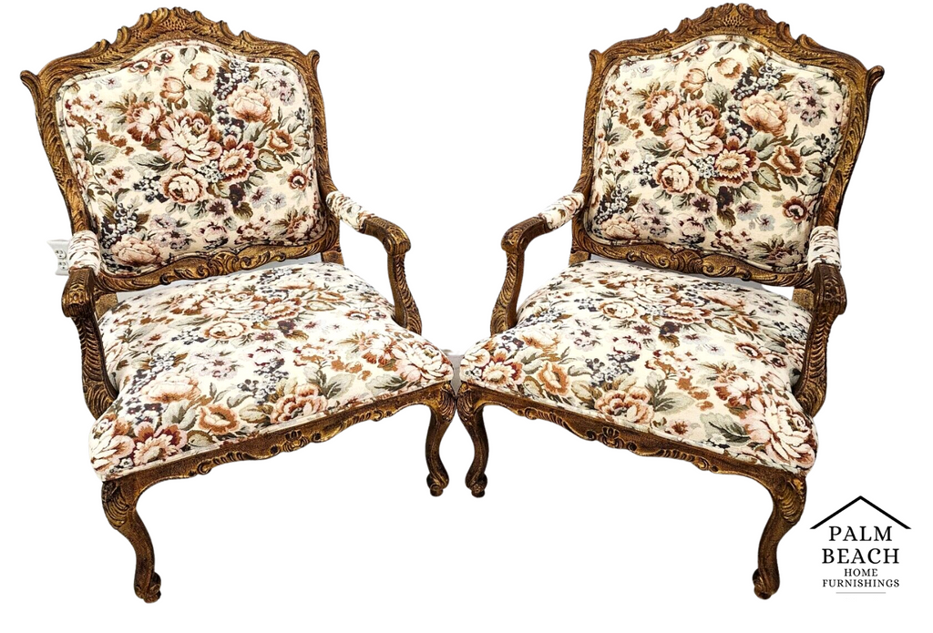 French Louis XV Rococo Giltwood Fauteuil Oversized Armchairs - a Pair