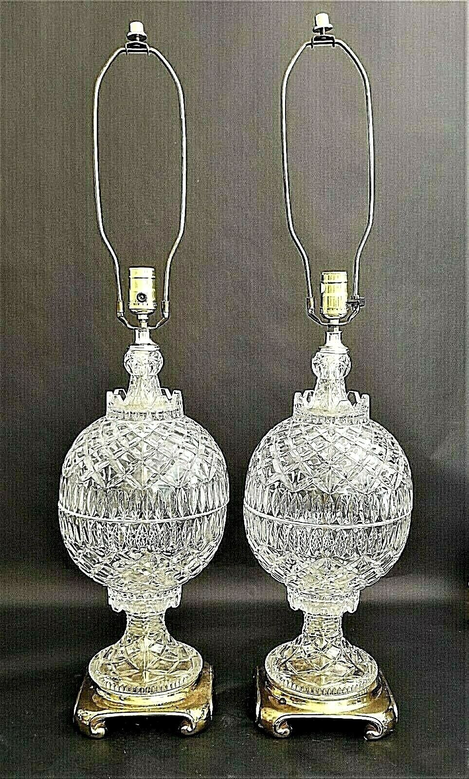 Vintage Large French Cut Lead Crystal Table Lamps - A Pair