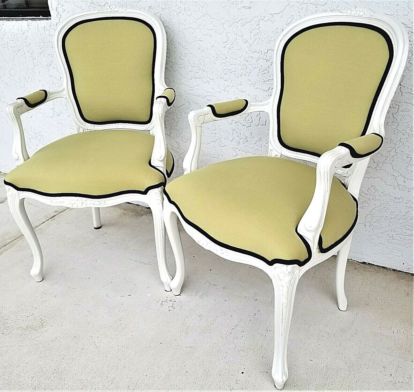 (2) Vintage French Provincial Louis XV Pearled White Carved Wood Armchairs