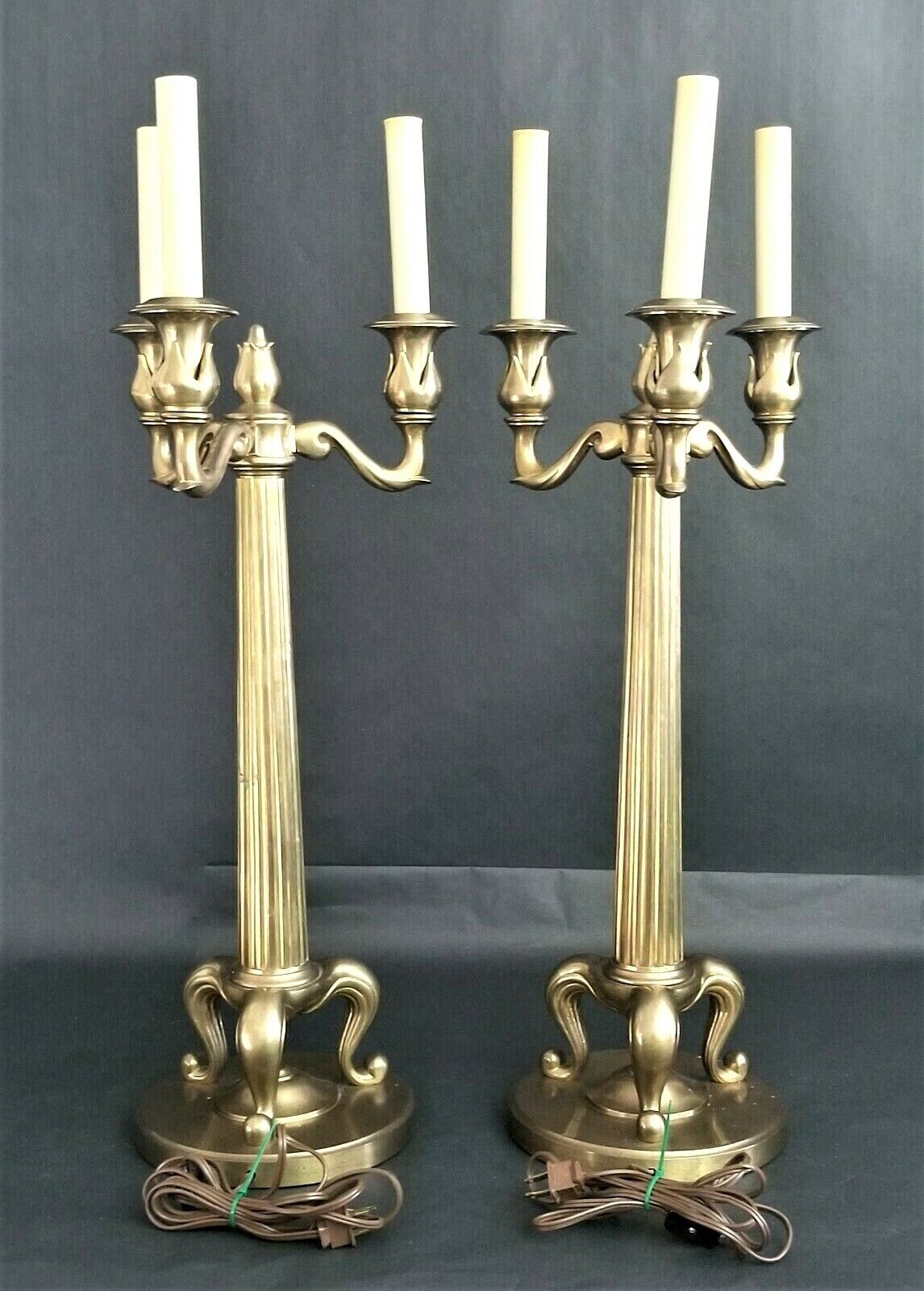 Pair of 1986 CHAPMAN Heavy Brass Candelabra Fluted Column Table Lamps