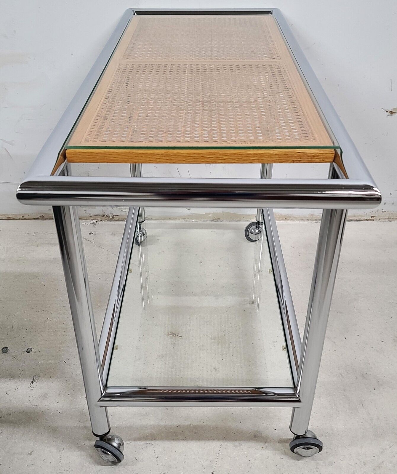 MCM 1970s Chrome Wicker Glass Rolling Bar Serving Cart