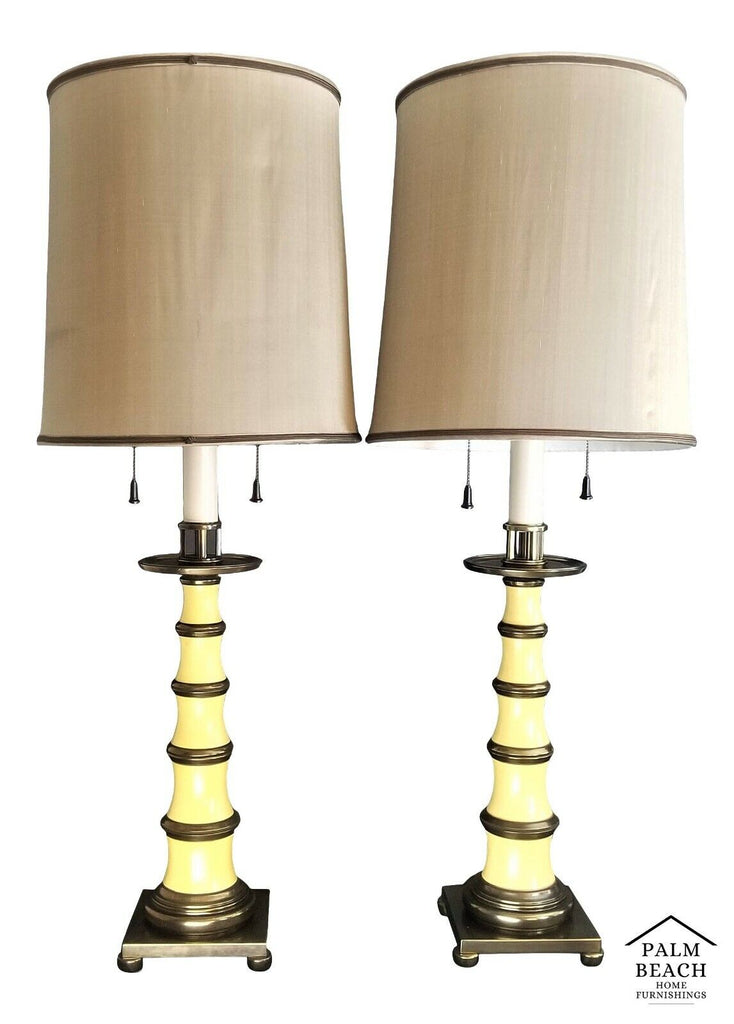 2 Vintage STIFFEL Enamel and Brass Candlestick Lamps with Dupioni Silk Shades