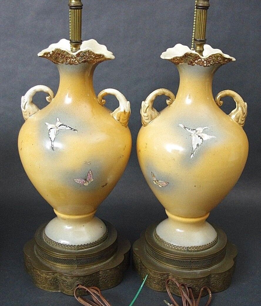 2 Mid Century MAO PERIOD Amphora Elephants Butterflies Flowers Chinese Table Lamps