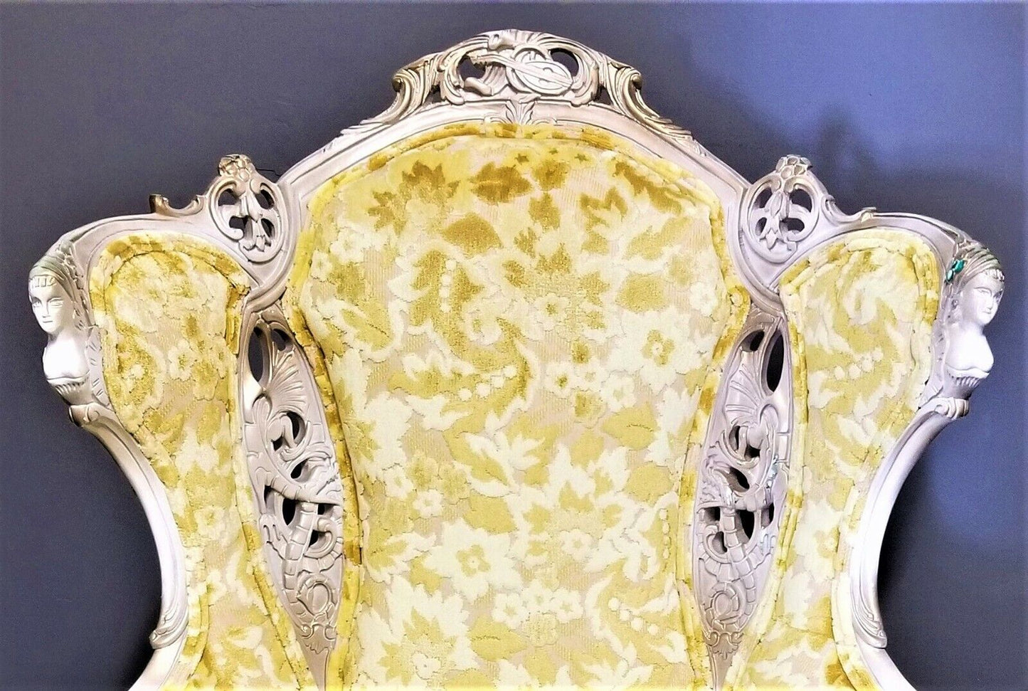 EUC! Antique French Louis XV Rococo Hand Carved Burnout Velvet Wing Back Chair