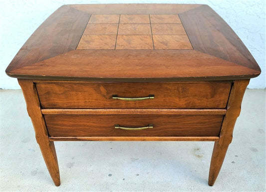 Vintage Mid Century LANE MCM Walnut and Burl Side End Table 2 Drawers 1923
