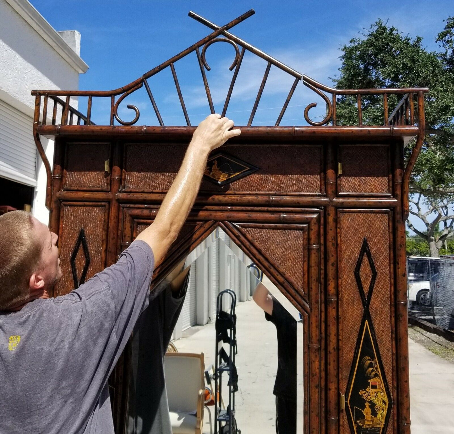 MAITLAND SMITH Asian Chinoiserie Chippendale Wardrobe Armoire Bamboo Wicker