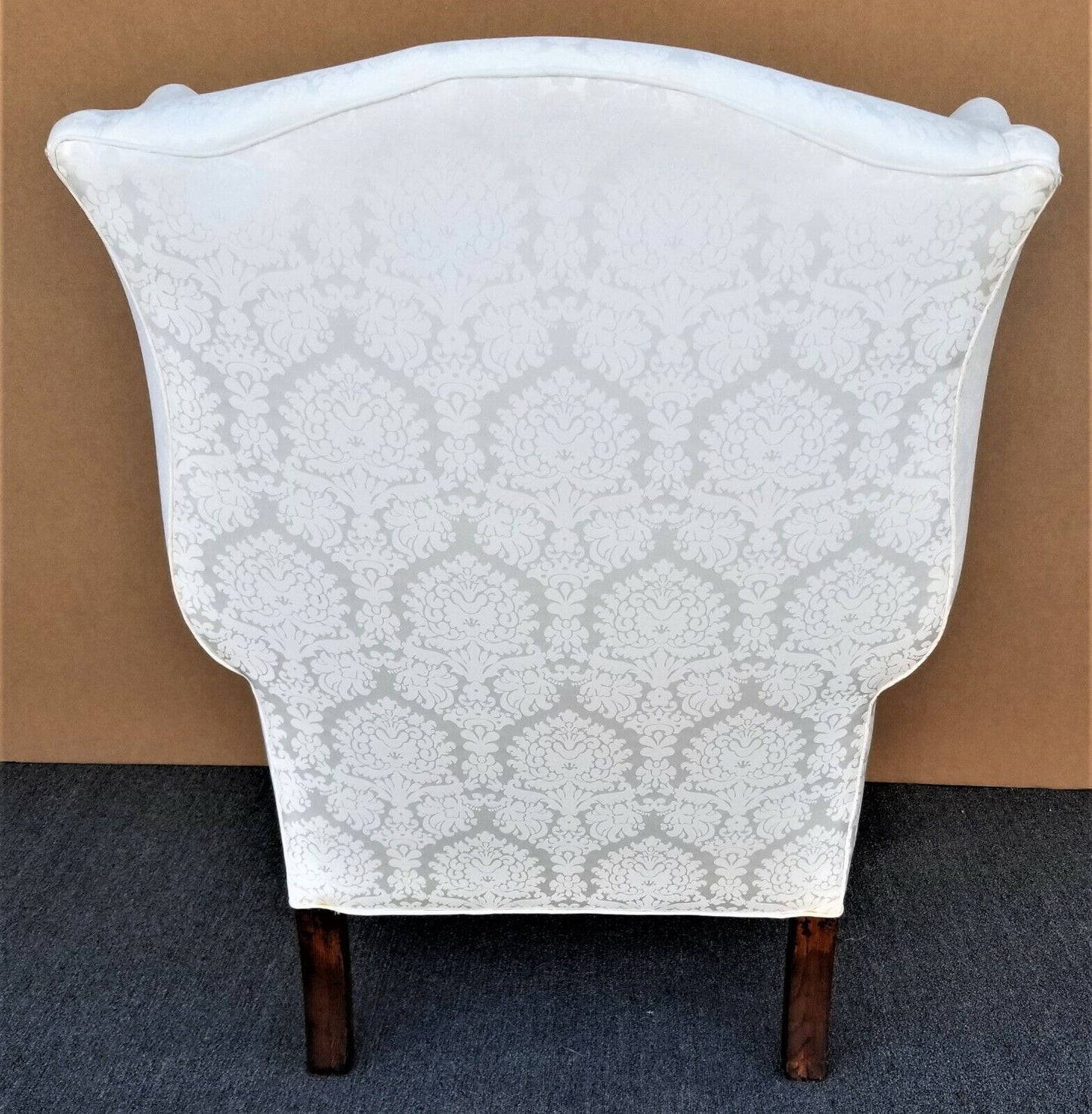 Vintage Chippendale Wingback White Brocade Satin Cotton and Down Armchair