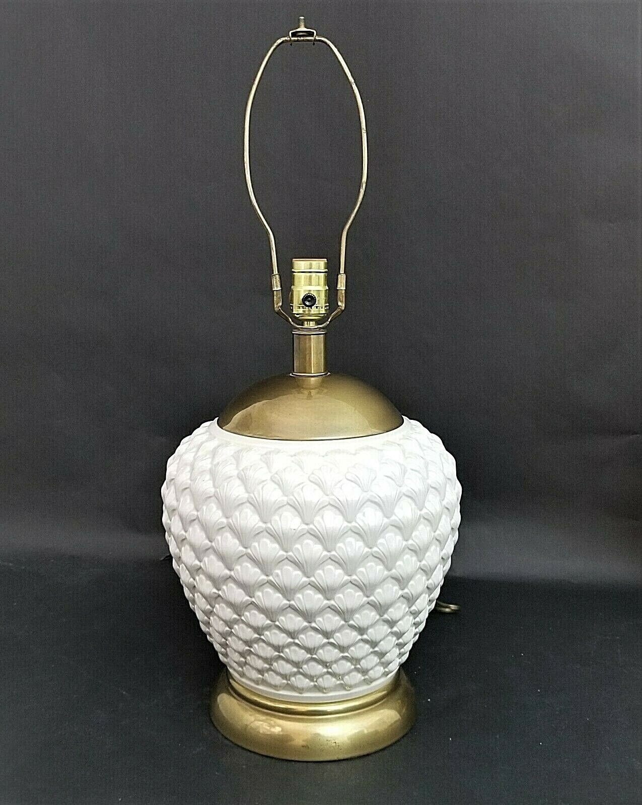 Coastal FREDERICK COOPER 1970's Embossed Sea Shell Ceramic + Brass Table Lamp