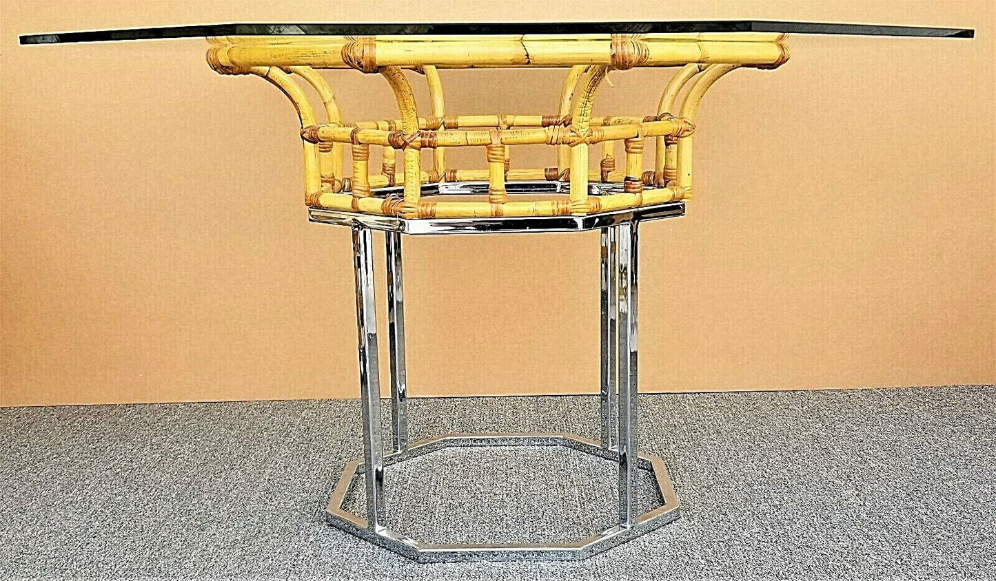 Vintage MCM Milo Baughman Style Chrome Bamboo Rattan Glass Dining Gaming Table