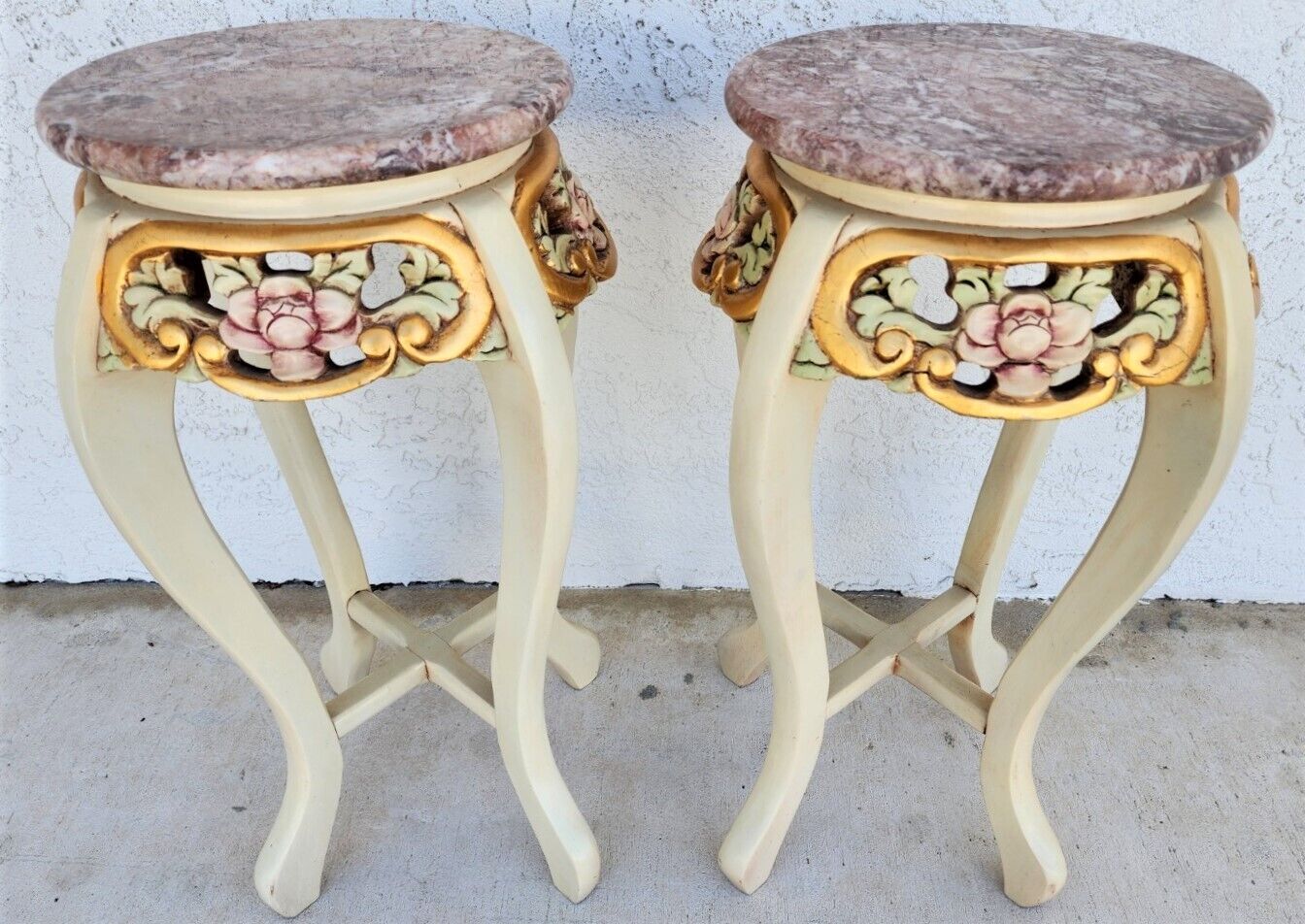 French Side Tables Gold Leaf Gilt Marble Tops