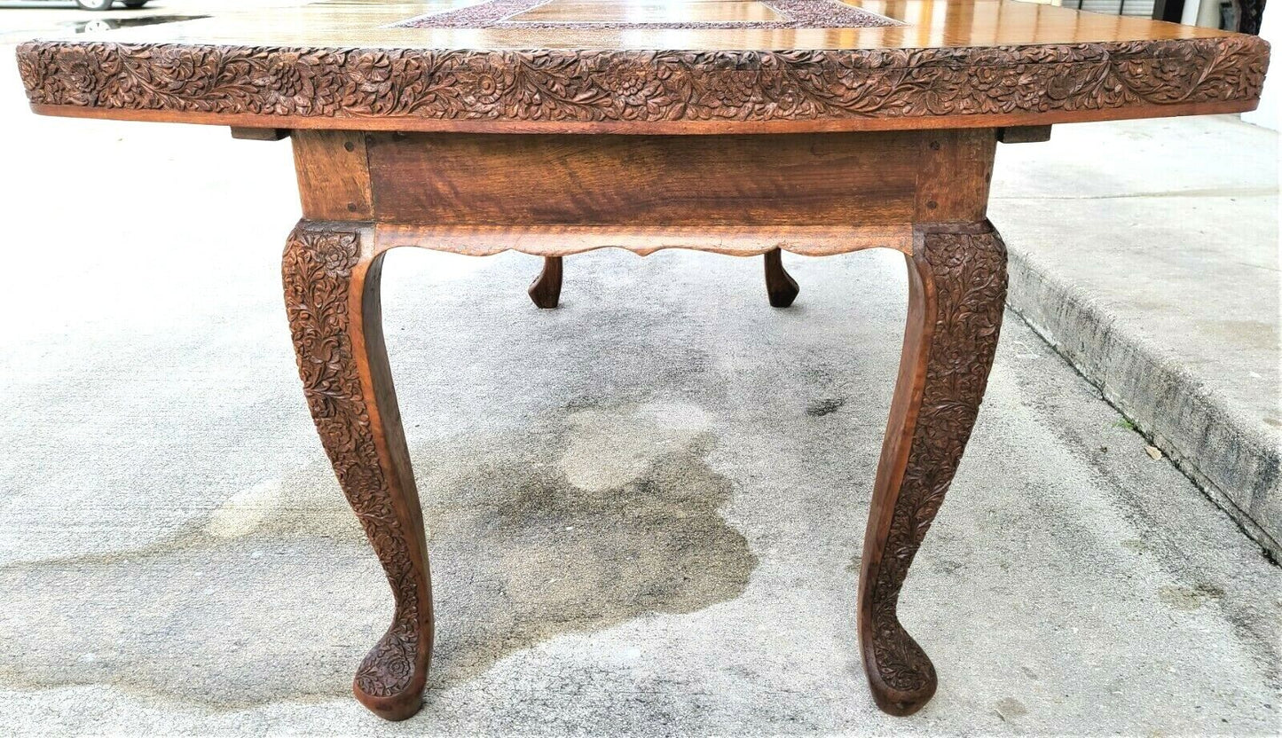 Antique c 1900's All Hand Carved Floral Design Solid Wood French Dining Table