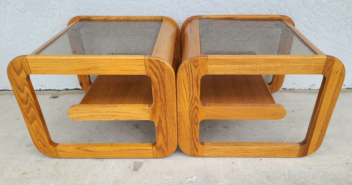 (2) 1970's Mid Century Modern Hodges Mersman Oak Smoked Glass End Tables