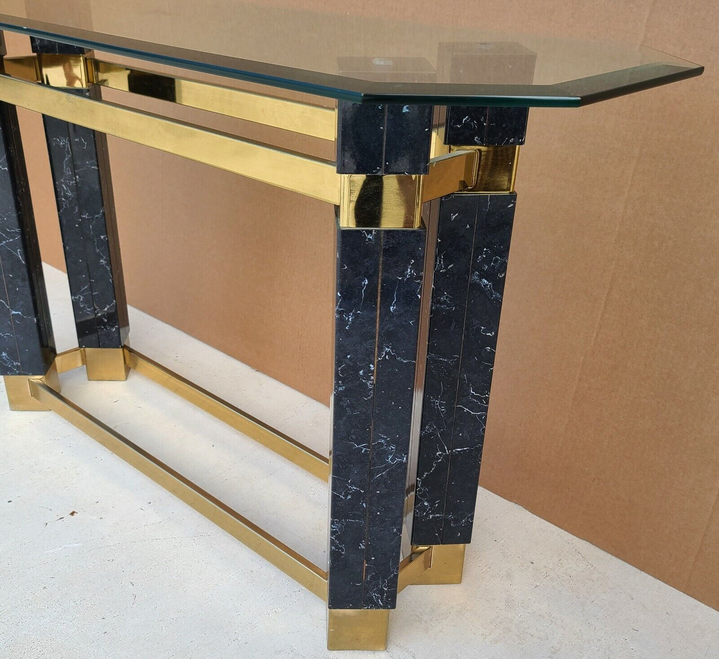 1980's Hollywood Regency Brass Faux Marble & Beveled Glass Console Table