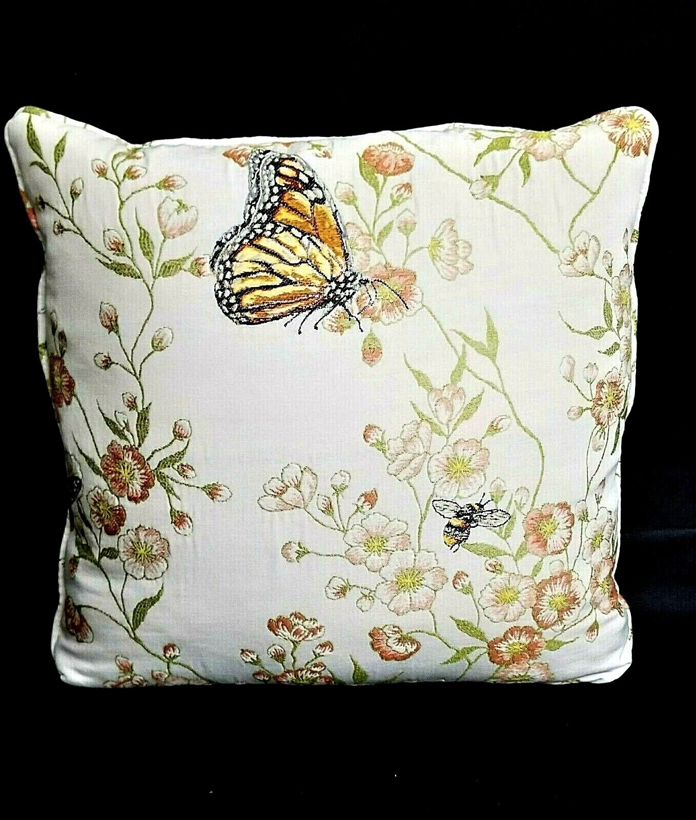 Embroidered Butterfly Bumblebee Floral Brocade Cotton & Down Throw Pillow