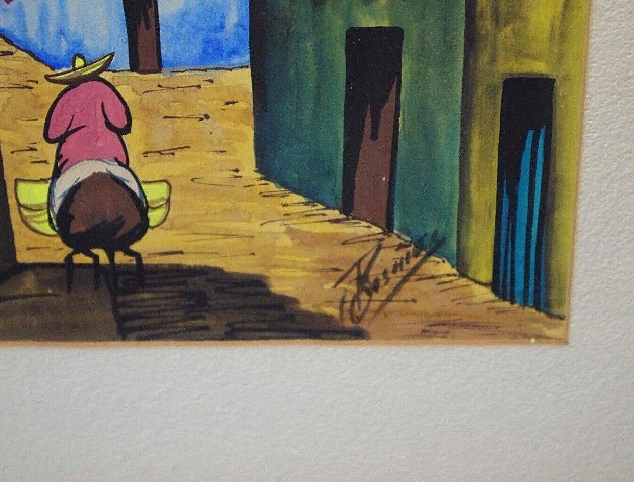 Vtg Mid Century Gouache Watercolor Signed By G Rosales (Mexican) Village